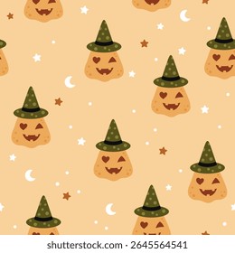 Cute Halloween pumpkin seamless pattern. Spooky Halloween hand drawn vector pattern in flat style	