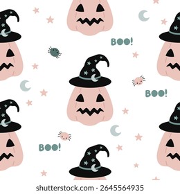 Cute Halloween pumpkin seamless pattern. Spooky Halloween hand drawn vector pattern in flat style	