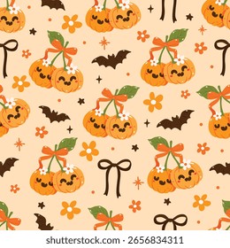Cute Halloween Pumpkin Seamless Pattern, Kawaii Fall Bats and Flowers, Autumn Pumpkin Face Repeat Background
