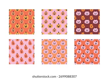Cute Halloween pumpkin seamless pattern set in pink and orange tones for autumn and holiday design