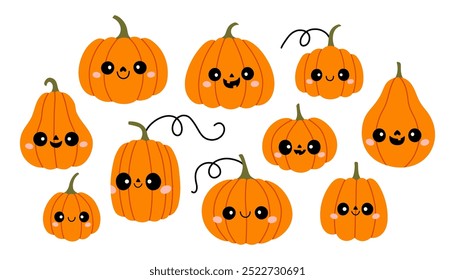 Bonito conjunto de abóbora Halloween. Coleção Jack O Lantern. Abóboras de Halloween com faces conjunto de elementos vetoriais. Símbolo de outubro.