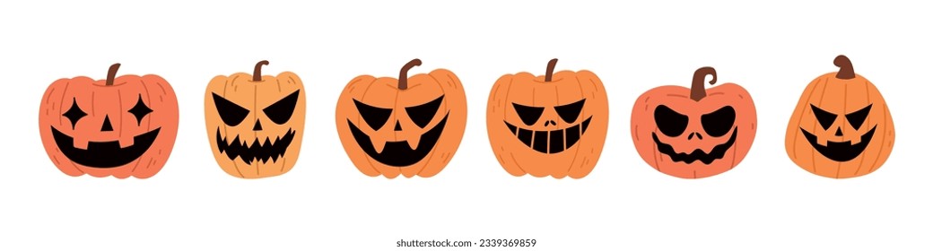 Cute Halloween Pumpkin Set. Smiling cartoon lantern faces. Helloween holiday characters in the shape of pumkin. Flat illustrations isolated on white background.