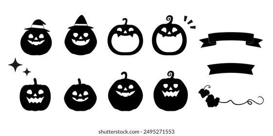 Cute Halloween pumpkin silhouettes isolated on white background. Hand drawn pumpkins set. Frame, decoration, background. Autumn illustration material.