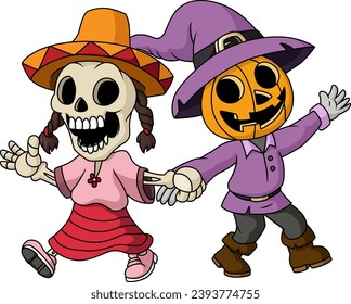 Cute halloween pumpkin and skeleton cartoon