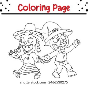 cute Halloween pumpkin skeleton coloring book page for adults and kids