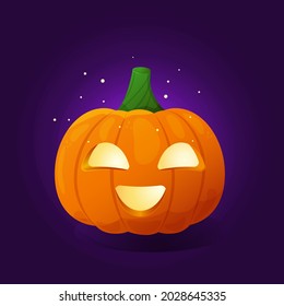 Cute Halloween pumpkin with smile. Orange pumpkin with funny face on dark background. Cartoon carved jack o lantern for the holiday Halloween. Gourd glowing with light. Vector illustration. 