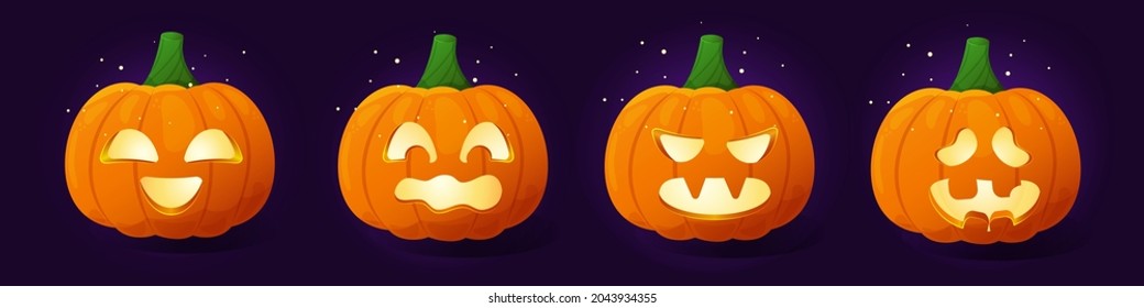Cute Halloween pumpkin with smile set. Orange pumpkin with funny face on dark background. Cartoon carved jack o lantern for the holiday Halloween. Gourd glowing with light. 