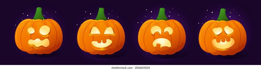 Cute Halloween pumpkin with smile set. Orange pumpkin with funny face on dark background. Cartoon carved jack o lantern for the holiday Halloween. Gourd glowing with light. 