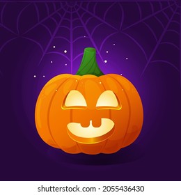 Cute Halloween pumpkin with smile and teeth. Orange pumpkin with funny face on dark background with spiderweb. Cartoon carved jack o lantern for the holiday Halloween. Gourd glowing with light. 