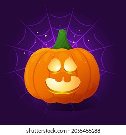 Cute Halloween pumpkin with smile and teeth. Orange pumpkin with funny face on dark background with spiderweb. Cartoon carved jack o lantern for the holiday Halloween. Gourd glowing with light. 