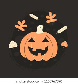 Cute Halloween pumpkin with smiling face and dry leaves floating around. Vector illustration.