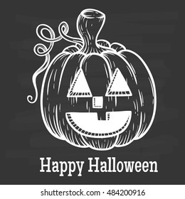 cute halloween pumpkin using doodle art with outline and also added text on chalkboard background