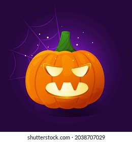Cute Halloween pumpkin Vampire with teeth. Orange pumpkin with scary face on dark background with spiderweb. Cartoon carved jack o lantern for the holiday Halloween. Gourd glowing with light.