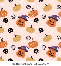 Cute Halloween pumpkin wearing hat and skull  seamless pattern.