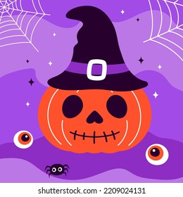 cute halloween pumpkin wearing witch hat, vector illustration in cartoon flat style