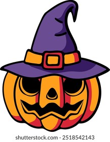 cute halloween pumpkin wearing a witch's hat illustration flat style for card website, application, printing, document, poster design, etc.