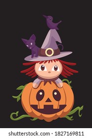 Cute Halloween pumpkin  witch cat and raven on black background