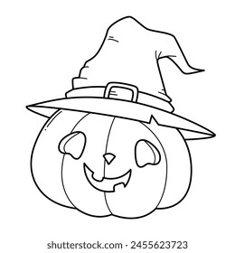 Cute halloween pumpkin in a witch hat coloring book for kids. Halloween pumpkin coloring page. Monochrome black and white illustration. Vector children's illustration.