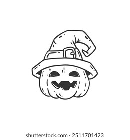 Cute halloween pumpkin in a witch hat. Halloween pumpkin coloring page for kids. Black and white illustration. Vector illustration.