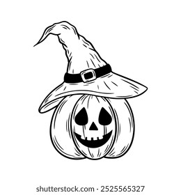 Abóbora de Halloween bonito em um chapéu de bruxa, ilustração de arte de linha. Rindo de Jack o desenho gráfico monocromático lanterna. Esboço desenhado à mão, ilustração gravada. Para colorir, convite, decoração