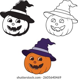 Cute Halloween Pumpkin with Witch Hat Coloring Pages