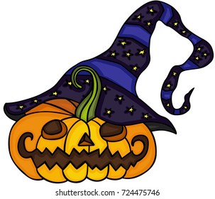 Cute halloween pumpkin with witch hat