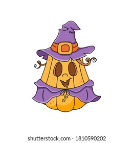 Cute Halloween Pumpkin Witch with purple hat and cloak isolated on white background. Colorful whimsical hand drawn vector character for invitations, decor, greeting card, sticker, poster, advertising.