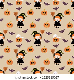 Cute Halloween pumpkin and witch seamless pattern