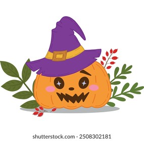 A cute Halloween pumpkin in a witch's hat, with grass and berries. Vector illustration for Halloween for banners, postcards, flyers, wallpapers for social networks, etc.