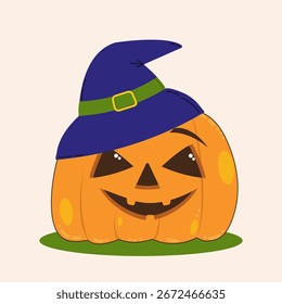 Bonito Halloween abóbora, em um chapéu de bruxa com um boné, rosto esculpido, sorriso, fundo branco, vetor