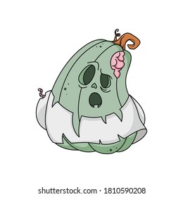 Cute Halloween Pumpkin Zombie isolated on white background. Colorful whimsical hand drawn vector character for invitations, party decor, greeting card, sticker, poster, scrapbook, advertising, web. 