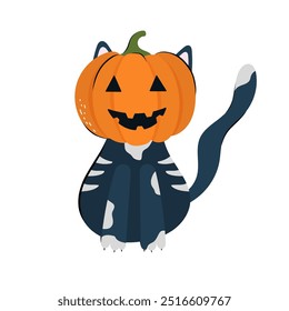 Cute Halloween pumpkin-cat character design. Vector illustration in flat and Doodle style for the october holiday Halloween