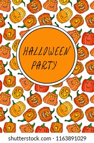 Cute Halloween Pumpkins. Autumn or Fall Party Collection. Realistic Hand Drawn High Quality Vector Illustration. Doodle Style.