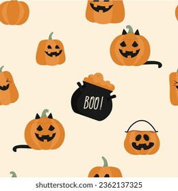 Cute Halloween Pumpkins with Black Cat, Seamless Texture on Beige Background