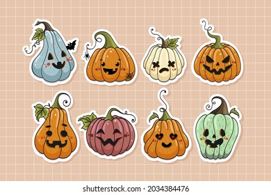 Cute halloween pumpkins cartoon characters, stickers collection in hand drawn style