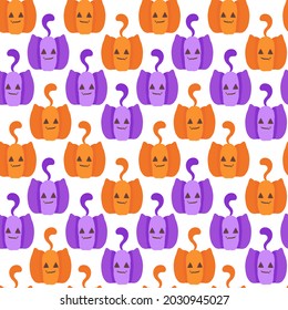 Cute halloween pumpkins with cat tails and ears. Seamless vector illustration for postcards, fabrics, paper design. Handmade illustration in orange and purple.