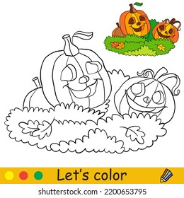 Cute halloween pumpkins. Halloween concept. Coloring book page for children with colorful template. Vector cartoon illustration. For print, preschool education and game