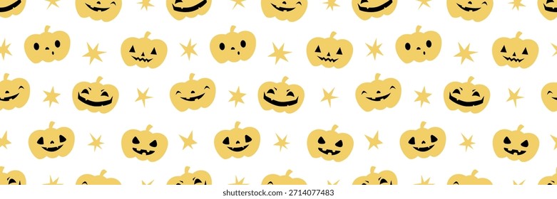 Nette Halloween Kürbisse schaffen ein nahtloses Muster mit gespenstischen Cartoon-Gesichtern auf weißem Hintergrund. Perfekte Herbsttapete mit verspielten Jack-o-Laternen und Herbststimmungen. Vektorgrafik