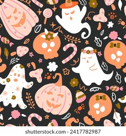 Cute Halloween Pumpkins and Ghost Vector Seamless Pattern