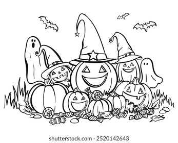 Bonito Halloween abóboras e fantasmas truque ou tratar colorir página arte imprimível