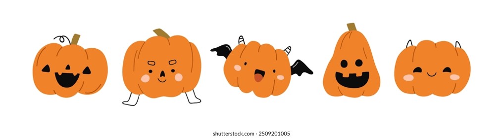 Cute Halloween pumpkins with happy funny face expressions. October holiday decorations, Jack-o-lantern characters. Traditional fall squash. Kids flat vector illustration isolated on white background