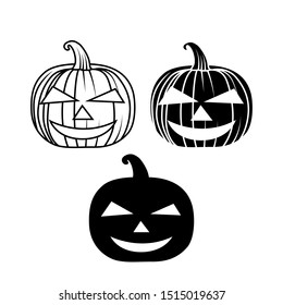Cute halloween pumpkins. Halloween icon and character. Isolated on white background. Flat style, line style and silhouette style vector illustration