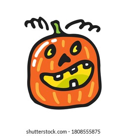 Cute Halloween pumpkins isolated on white background. Hand drawn. Doodle style. Vector illustration.  Design element for  stisker, magnet, leaflet, poster, booklet.