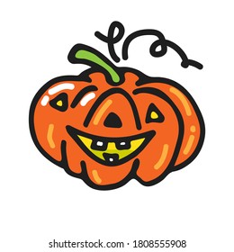 Cute Halloween pumpkins isolated on white background. Hand drawn. Doodle style. Vector illustration.  Design element for  stisker, magnet, leaflet, poster, booklet.