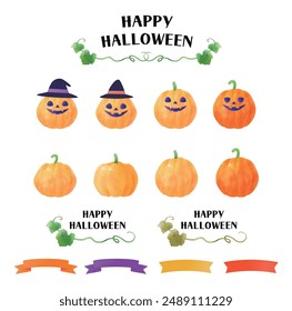 Cute Halloween pumpkins isolated on white background. Watercolor hand drawn pumpkins set. Frame, decoration, background. Autumn illustration material.