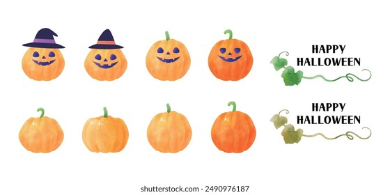 Cute Halloween pumpkins isolated on white background. Watercolor hand drawn pumpkins set. Frame, decoration, background. Autumn illustration material.