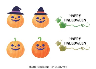 Cute Halloween pumpkins isolated on white background. Watercolor hand drawn pumpkins set. Frame, decoration, background. Autumn illustration material.
