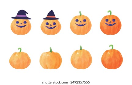 Cute Halloween pumpkins isolated on white background. Watercolor hand drawn pumpkins set. Frame, decoration, background. Autumn illustration material.