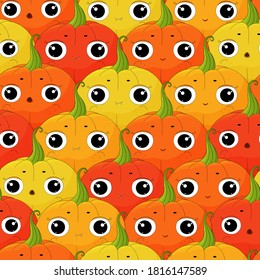 Cute Halloween pumpkins pattern. Smiling face Halloween pumpkins Jack  lantern  light. Many types pumpkins print. Colorful beautiful cartoon pumpkin backgrouind. Squash Fabric textile texture.