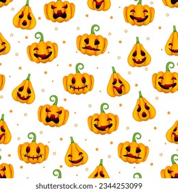 Cute Halloween pumpkins seamless pattern. Vector Happy Halloween print with smiling spooky carving faces pumpkins on white background. For wrapping, fabric, holiday decoration, textile